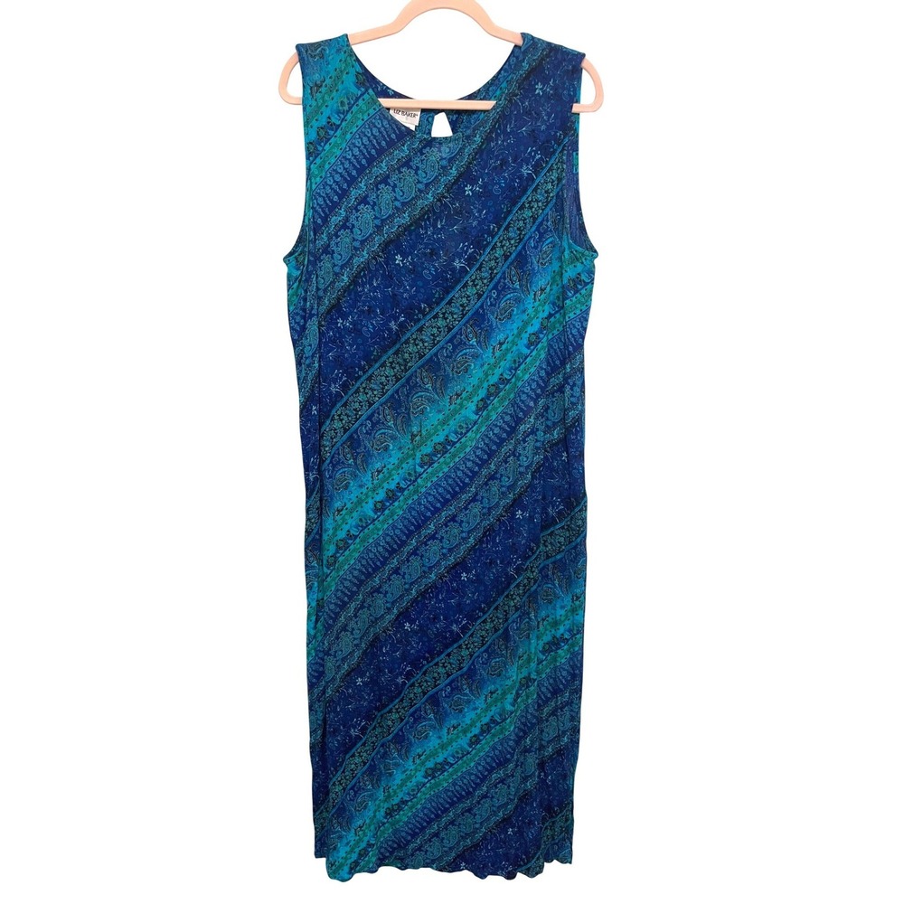 Vintage Sleeveless Maxi Dress 90s Liz Baker Blue Paisley Rayon Large